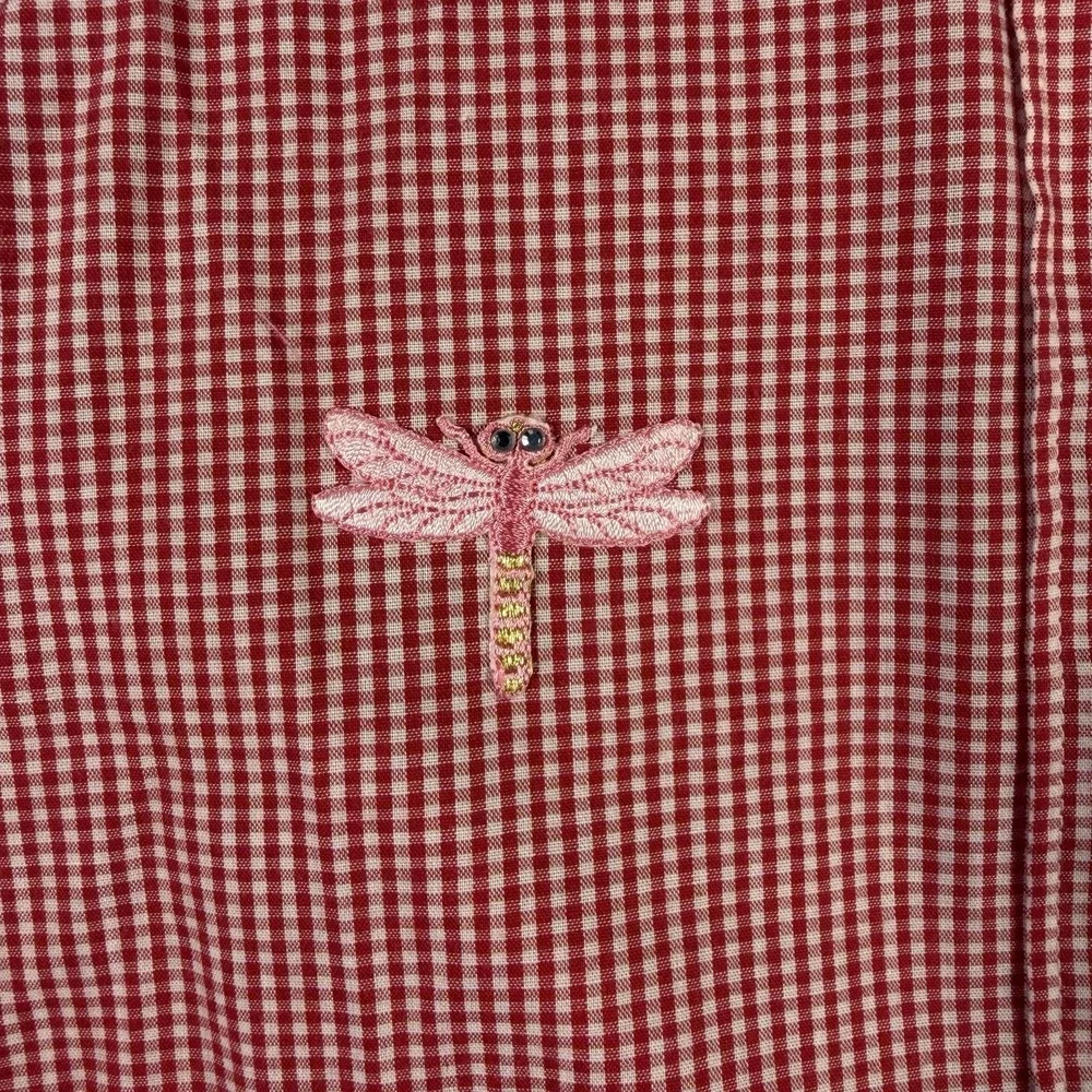 Vintage Red Gingham Blouse Shirt Dragonfly Appliqués With Rhinestones Size Large - Picture 2 of 8